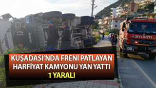 Freni patlayan harfiyat kamyonu yan yattı: 1 yaralı